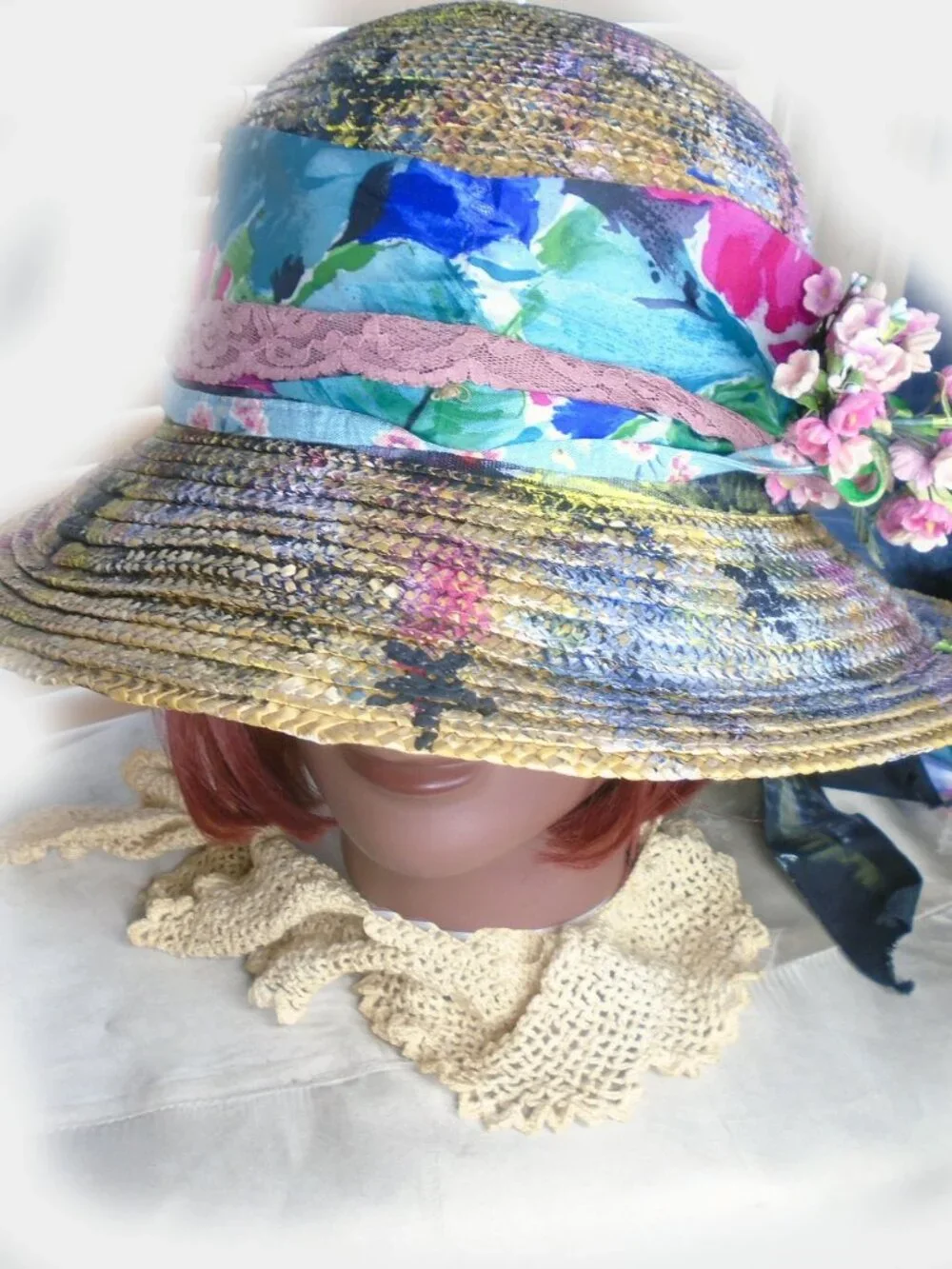 Unique Straw Hat is Upcycled OOAK, Hobo Chic Bohemian Poverty Core + HAT BOX - Picture 5 of 9